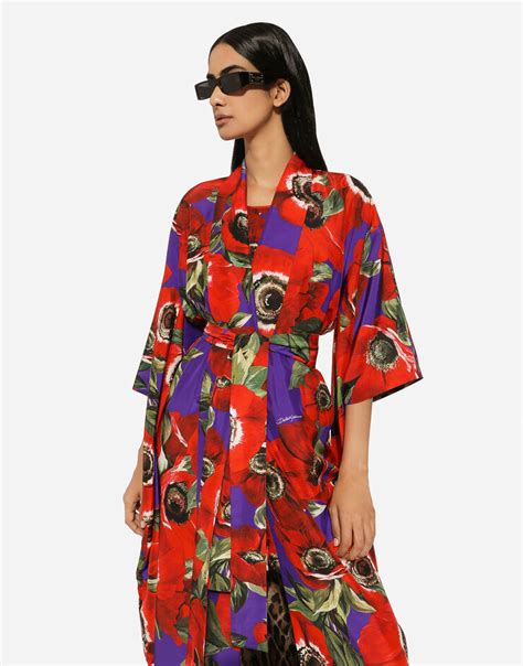 Silk kimono robe with anemone print.